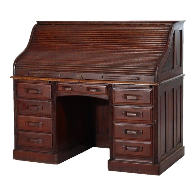 Arts & Crafts Quarter Sawn Oak Paneled Roll Top Desk With Full Interior C1910 For Sale