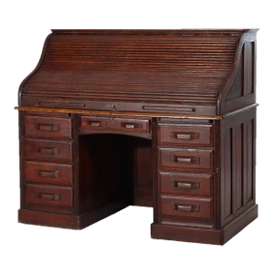 Arts & Crafts Quarter Sawn Oak Paneled Roll Top Desk With Full Interior C1910