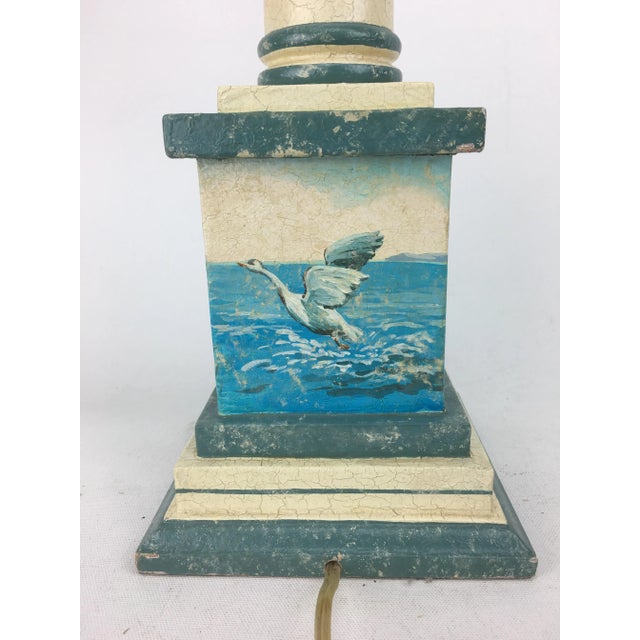 English 20th Century English Traditional Hand-Painted Swan Wood Column Lamp For Sale - Image 3 of 6
