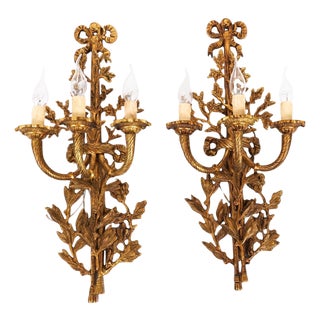 Antique 20th Century French Louis Revival Ormolu 3 Branch Wall Lights, 1920s For Sale