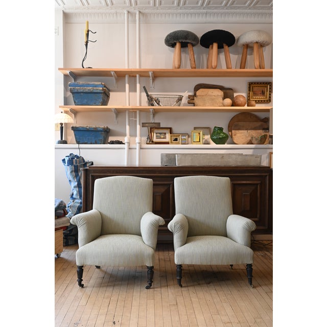 Wood 1930's French Upholstered Striped Lounge Chairs For Sale - Image 7 of 16