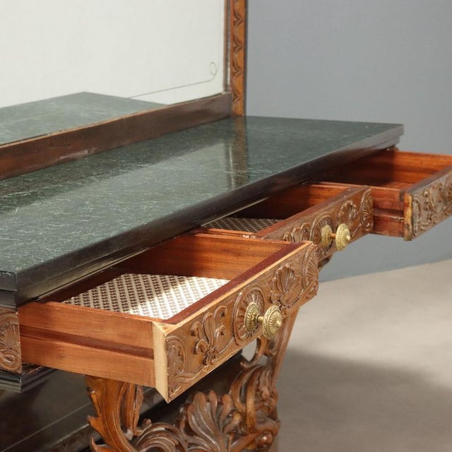 Console with Mirror in Walnut and Green Serpentine Marble For Sale - Image 3 of 12