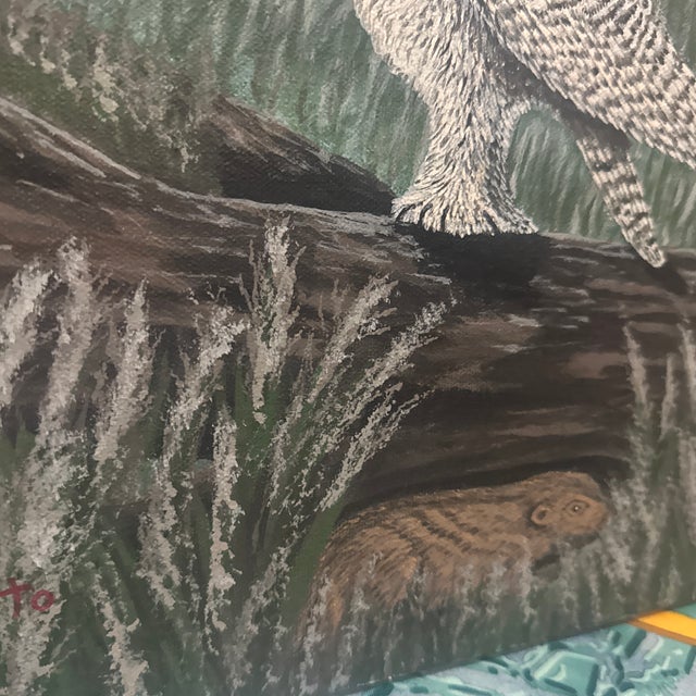 Mid-Century Modern Folk Art Style Snowy Owl Oil Painting – Original Woodland Biophilic Canvas For Sale - Image 10 of 12