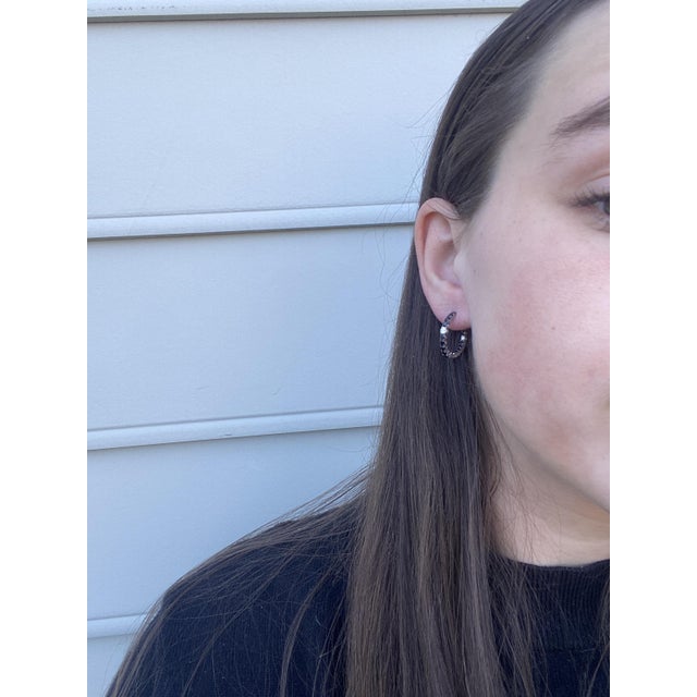 Roberto Coin 1.9ctw Black Sapphire and Diamond Hoop Earrings, 18k White Gold, A Pair For Sale In Greensboro - Image 6 of 6