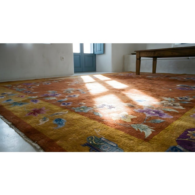 1920s Orange Pumpkin Floral Antique Chinese Art Deco Carpet 9' X 11' 6" Knotted Wool Rug For Sale - Image 13 of 15