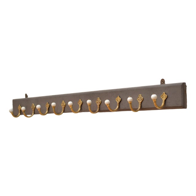 Antique Victorian Coat Rack with Cast Brass and Ceramic Hooks, 1880 For Sale