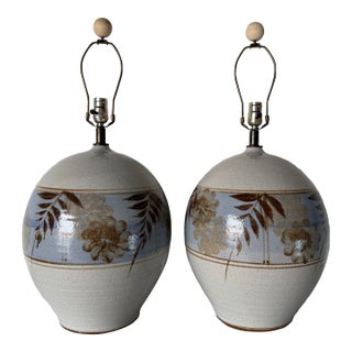 Pair of Vintage Mid-Century California Studio Pottery Stoneware Table Lamps With Hand-Painted Floral Motif For Sale