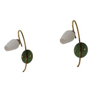 Italian Brass and Green Lacquered and Opaline Glass Wall Sconces, 1950s, Set of 2 For Sale