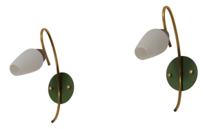 Italian Brass and Green Lacquered and Opaline Glass Wall Sconces, 1950s, Set of 2