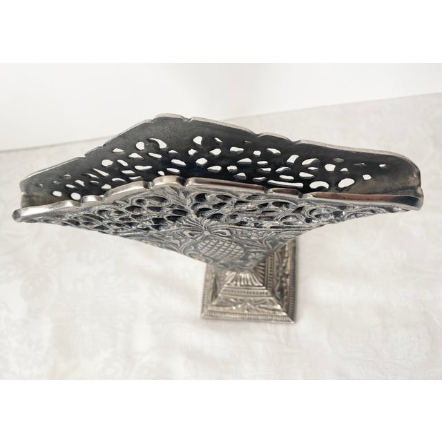 Late 20th Century Vintage Ornate Fan Vase, Art Nouveau-Style Scrollwork, a Reticulated Top Edge, and a Central Pineapple Motif. For Sale - Image 5 of 15