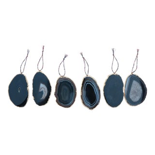 Gold Plated Agate Slice Christmas Ornaments in Black - Set of 6 For Sale