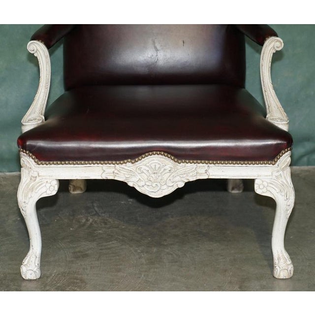 Vintage French Louis XV Style Oxblood Leather Armchair with Painted Frame For Sale - Image 4 of 18