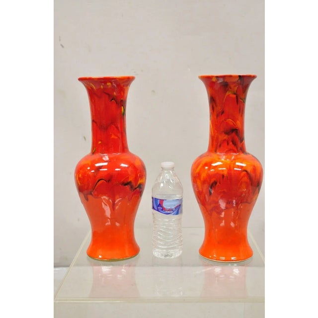Mid-Century Modern Pair of Vintage Red Lava Drip Glazed Mid Century Modern Ceramic Pottery Vessel Vase For Sale - Image 3 of 11