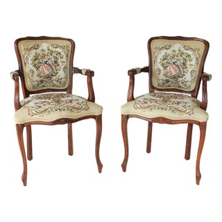 Late 20th Century French Louis XV Style Needlepoint Armchairs For Sale