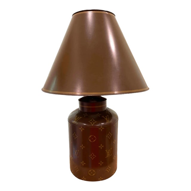 Louis Vuitton Hand Painted Tole Lamp and Shade For Sale