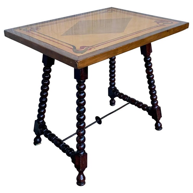 19th Century Baroque Spanish Side Table With Marquetry & Painted Top For Sale - Image 11 of 11
