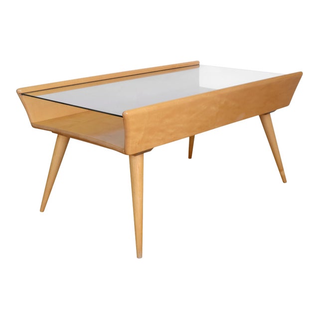 MCM Heywood Wakefield Maple Wood & Glass Coffee Table With Shelf For Sale
