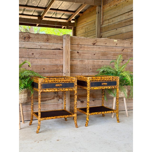 Pair Vintage British Colonial Tortoise Finish Rattan & Grasscloth Nightstands For Sale - Image 11 of 12