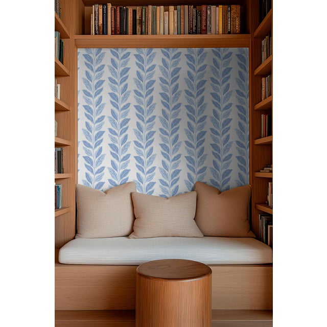 Traditional Garden Leaf Stripe Grasscloth Wallpaper by House Party | French Blue | 8 Yards For Sale - Image 3 of 7