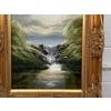 Whispers of the Falls - River Lake Waterfall with Lush Trees & Mountains in the distance. Vintage Oil Painting by British...