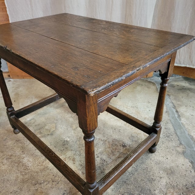 Wood English Oak Side Table on Turned Legs With Stretcher Base For Sale - Image 7 of 11