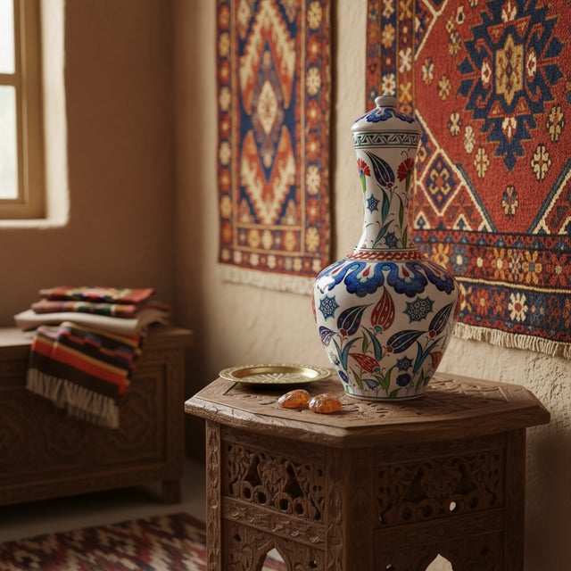 Turkish Handmade Ceramic Iznik Bottle Vase with Lid Red Tulip and Geometric Pattern For Sale - Image 3 of 9