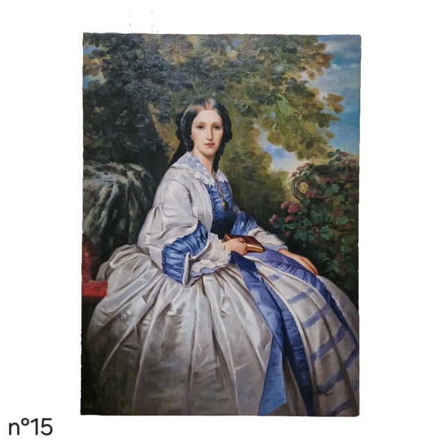 Oil on canvas depicting an elegant seated lady in a flowing white dress with blue accents, holding a book within a garden...