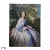 Oil on canvas depicting an elegant seated lady in a flowing white dress with blue accents, holding a book within a garden...