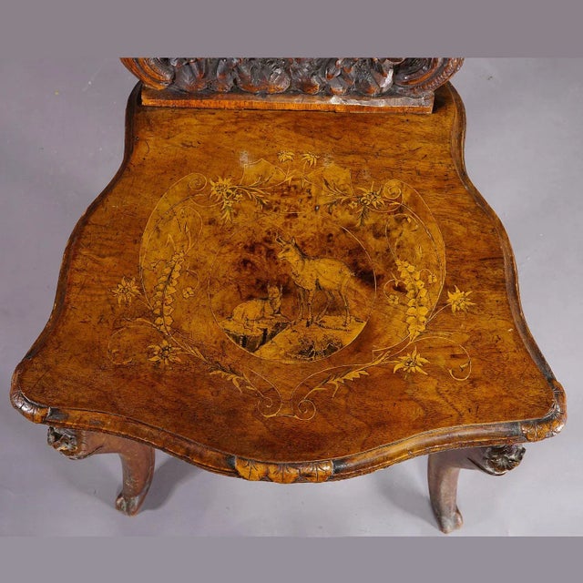 Pair Nutwood Edelweis Marquetry Chairs Swiss Brienz 1900 For Sale - Image 10 of 12