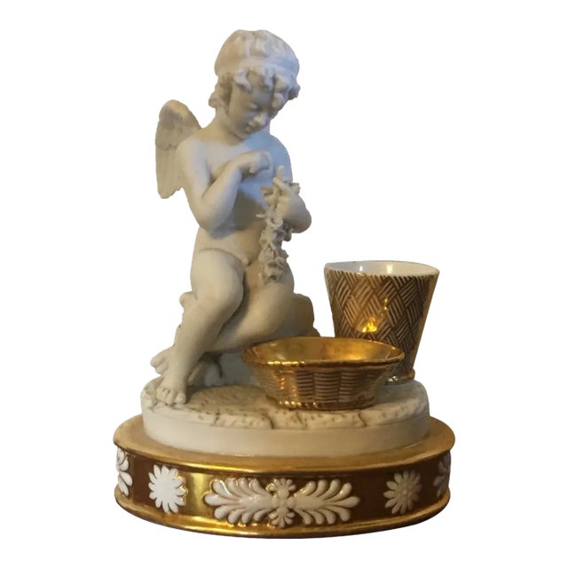 Antique Early 19th Century French Empire Porcelain Inkwell in Gold & White Featuring a Cherub For Sale