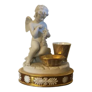 Antique Early 19th Century French Empire Porcelain Inkwell in Gold & White Featuring a Cherub