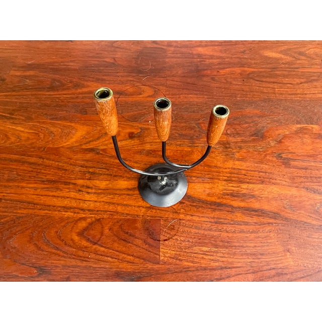 Mid-Century Modern Mid Century Denmark Teak & Black Metal Candleabra For Sale - Image 3 of 4