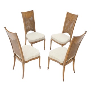 Set 4 Burl Wood Cane Back NEW Upholstery Dining Chairs Mid Century Modern MINT! For Sale