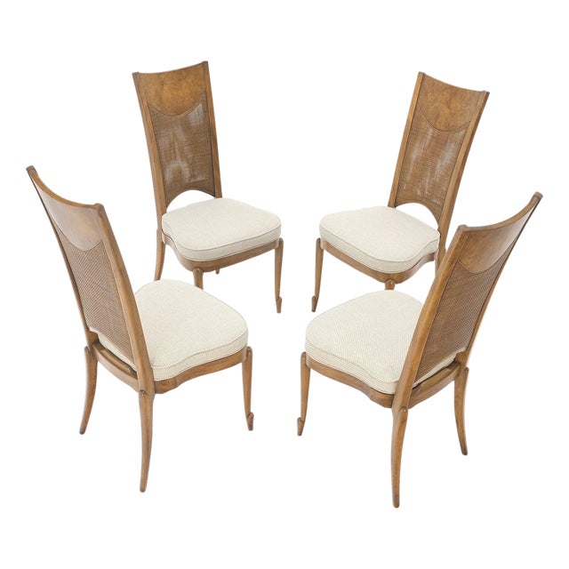 Set 4 Burl Wood Cane Back NEW Upholstery Dining Chairs Mid Century Modern MINT! For Sale