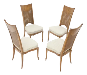 Set 4 Burl Wood Cane Back NEW Upholstery Dining Chairs Mid Century Modern MINT!
