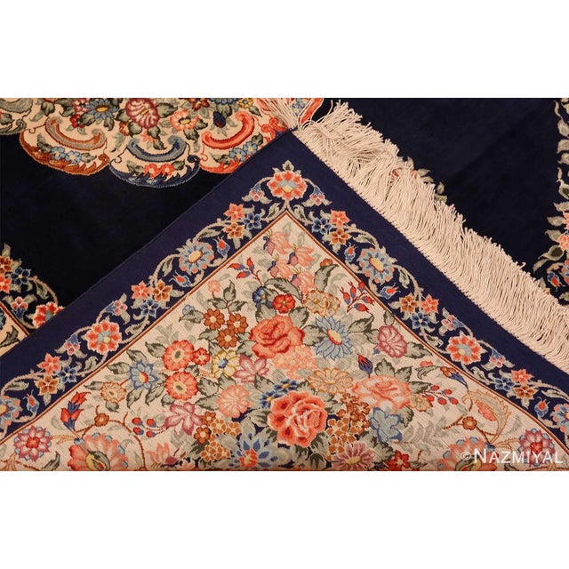 Persian Nazmiyal Collection Blue Background Floral Vintage Persian Silk Qum Rug For Sale - Image 3 of 7
