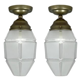 Art Deco Frosted Glass and Burnished Brass Flush Mounts, Austria, 1920s, Set of 2 For Sale
