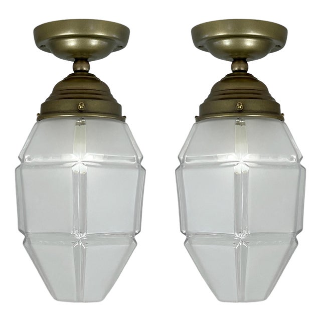 Art Deco Frosted Glass and Burnished Brass Flush Mounts, Austria, 1920s, Set of 2 For Sale