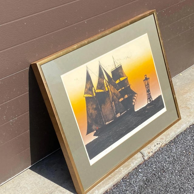 Wood Elton Bennett (1910-1974) “The Tall Ship” Signed Nautical Silkscreen For Sale - Image 7 of 12