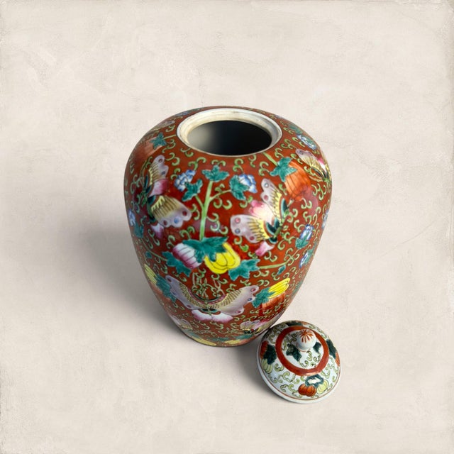 1910s Antique Decorative Ceramic Ginger Jar With Butterfly Motif For Sale - Image 5 of 11