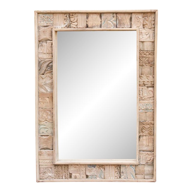 Bleached Carved Wood Mosaic Mirror For Sale