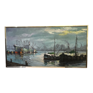 20th Century European School Oil on Canvas Boats in the Harbor Framed Signed