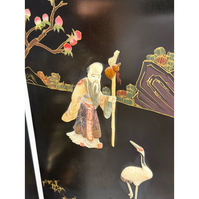 Chinese Black Lacquer Four-Panel Folding Screen + Soapstone Inlay, Vintage For Sale - Image 11 of 12
