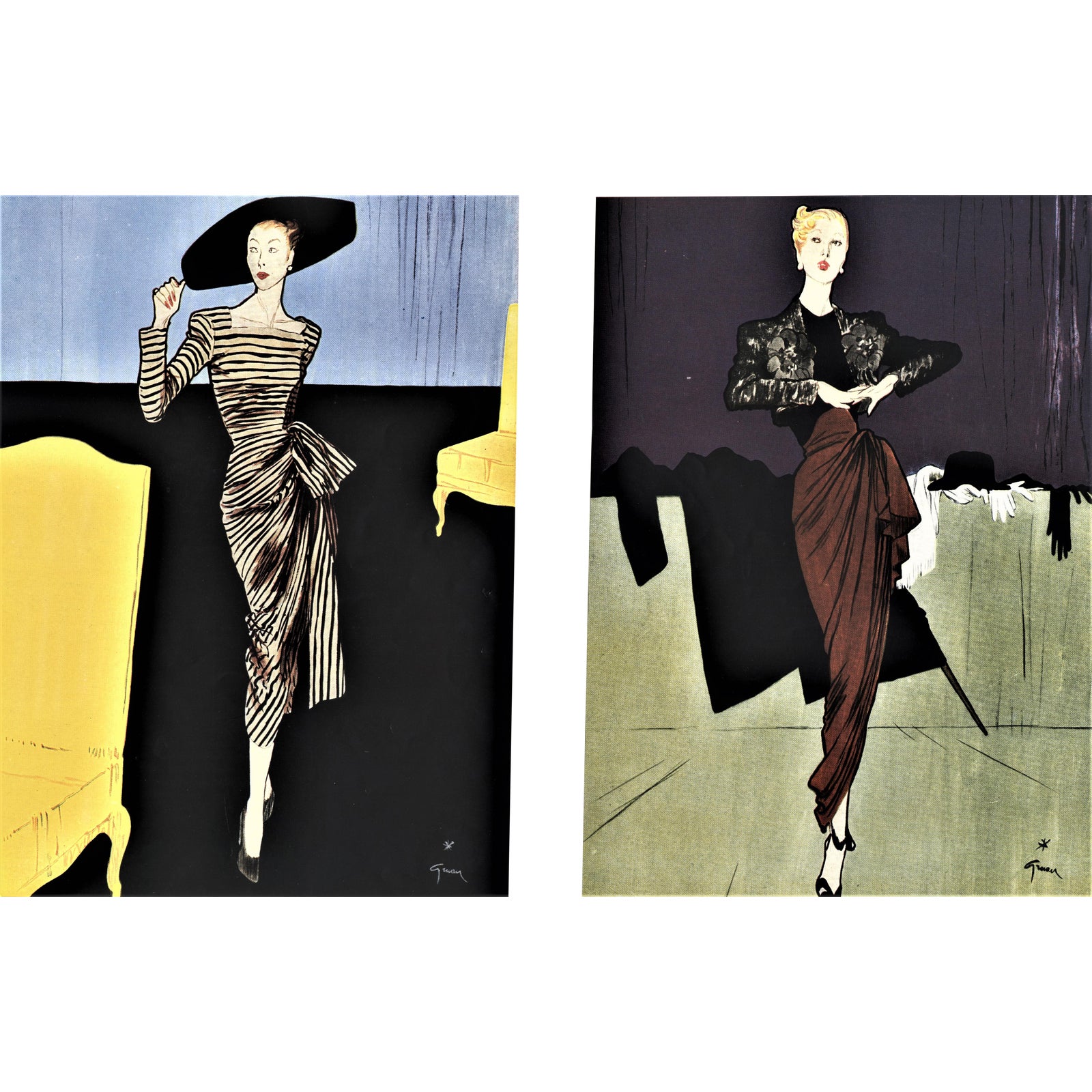Rare Pair Matted Vintage Mid Century Evening Fashion Print By