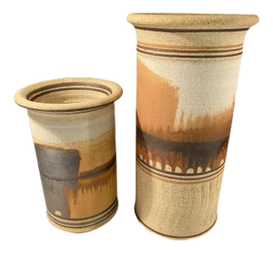 Vintage 1970s Ed Davidson Oklahoma Potter Studio Pottery Landscape Vases - a Pair