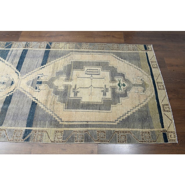1970s 1970s Vintage Turkish Handmade Wool Cotton Green Runner Rug For Sale - Image 5 of 11