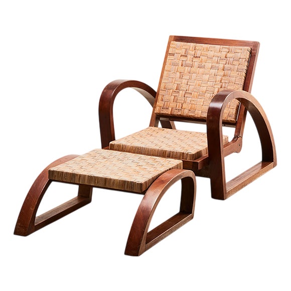 Deck Chair and Ottoman by Francis Jourdain, 1920s, Set of 2 For Sale