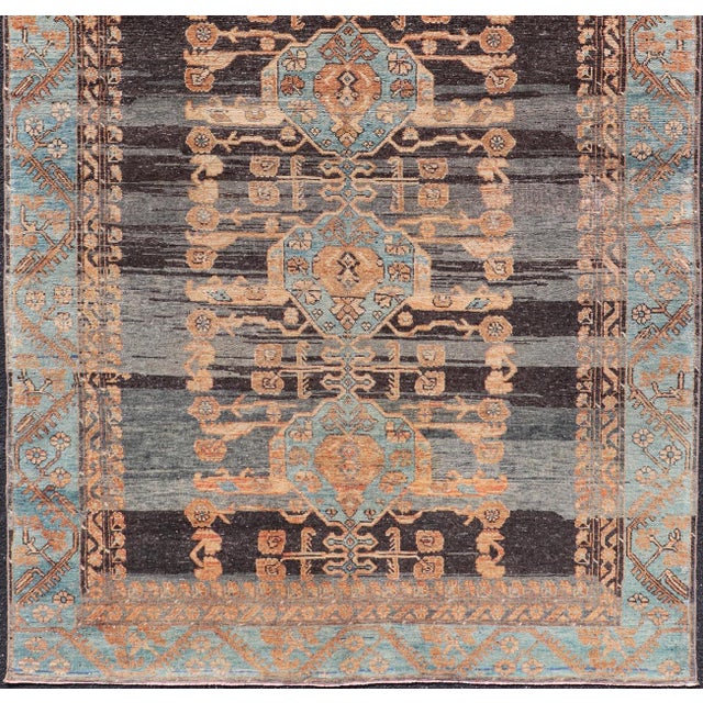 Tribal Antique Konya Oushak Rug With Geometric Medallions in Blue, Rust, and Ivory For Sale - Image 3 of 13