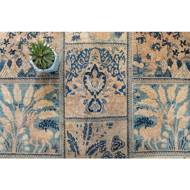 1900s Antique Navy Tan Distressed Indo Kashan Botanical Animal Allover Design Hand-Knotted Wool Low Pile Rug - 9’8“ X 12’ For Sale In Los Angeles - Image 6 of 12