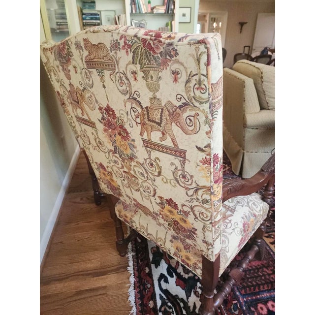 Antique Louis XIII Style Brown Walnut Tiger and Elephant Tapestry Armchairs - A Pair For Sale - Image 9 of 16